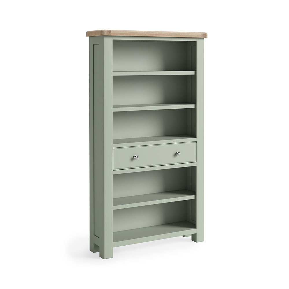 Sage green painted oak large bookcase with 5 open shelves and one full length drawer with 2 customisable knobs under the 3rd shelf.