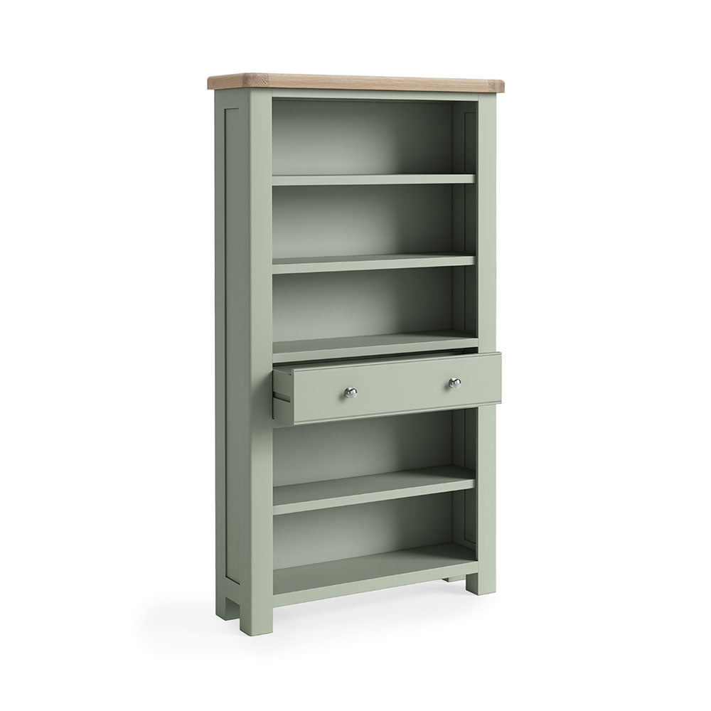 Sage green painted oak large bookcase with 5 open shelves and one full length drawer with 2 customisable knobs under the 3rd shelf.