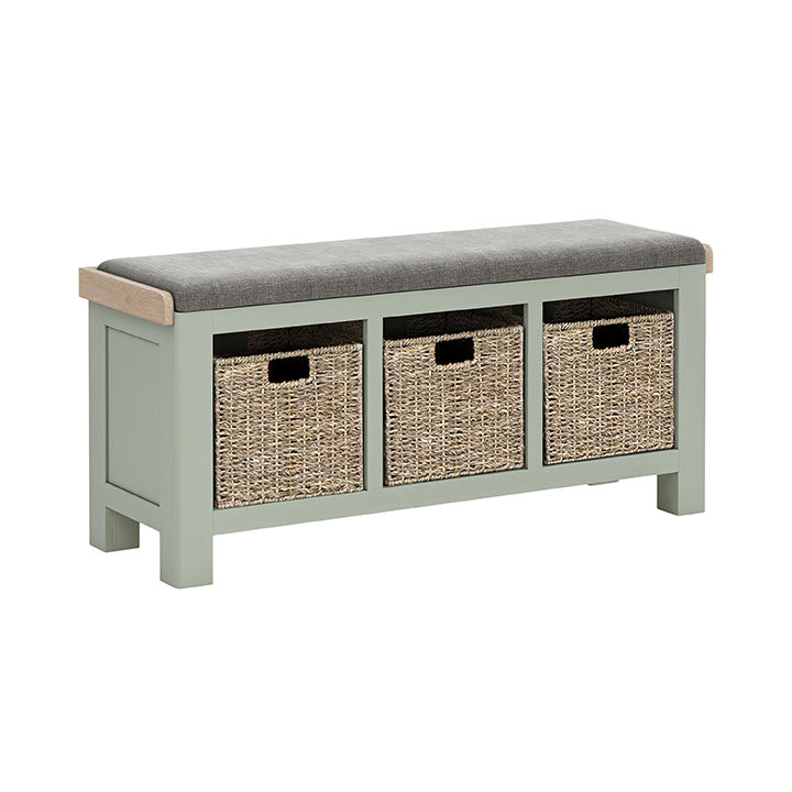 Grey painted oak hallway storage bench with storage baskets under the seat. Grey cushion on the bench.