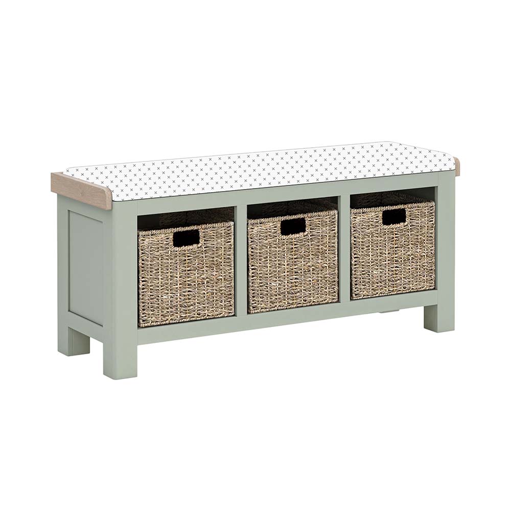 Sage painted oak hallway storage bench with storage baskets under the seat. No cushion on this bench.