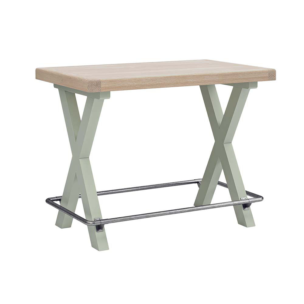 Sage painted oak bar table with X shaped leg design and metal wrap around footrest.