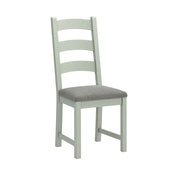 Sage painted oak dining chair with grey cushion. Has 3 wide horizontal slats in the backrest