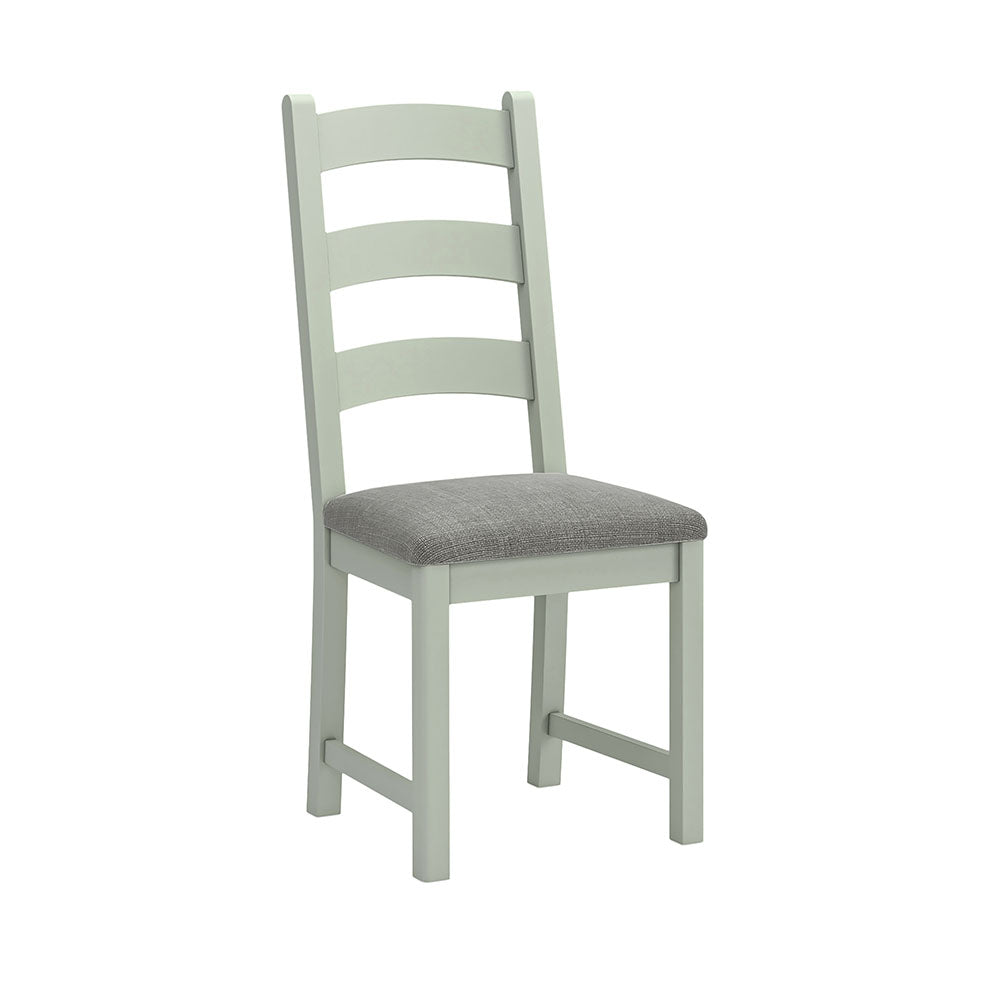 Sage painted oak dining chair with grey cushion. Has 3 wide horizontal slats in the backrest
