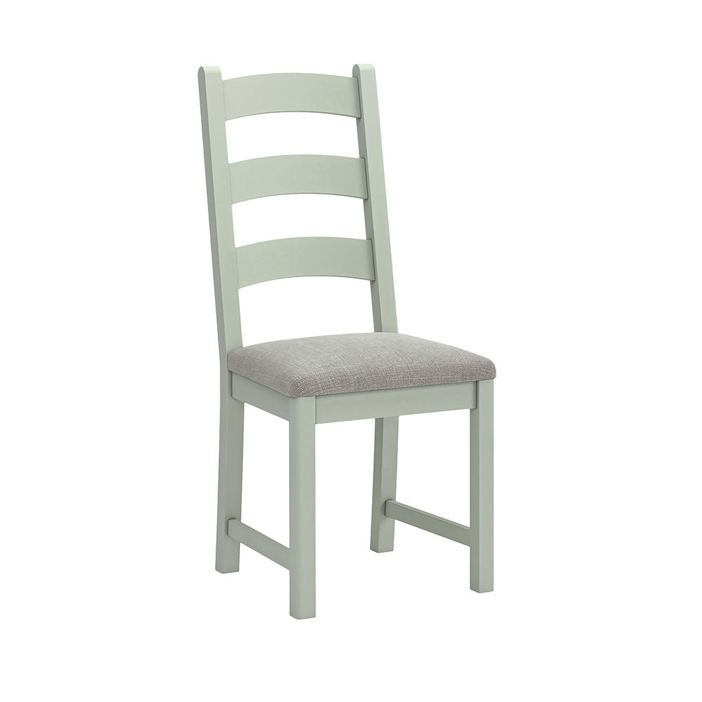 Sage painted oak dining chair with beige cushion. Has 3 wide horizontal slats in the backrest