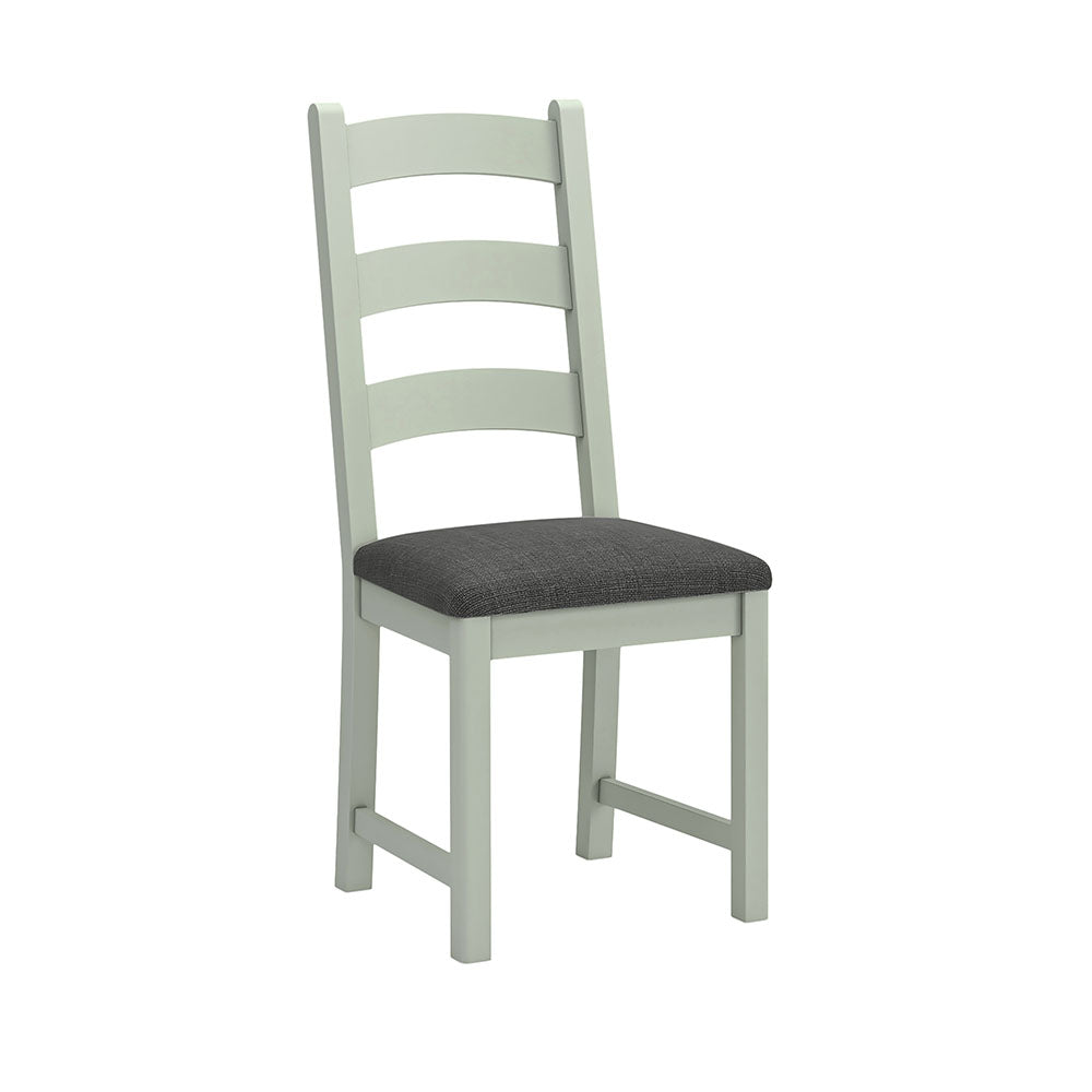 Sage painted oak dining chair with charcoal grey cushion. Has 3 wide horizontal slats in the backrest