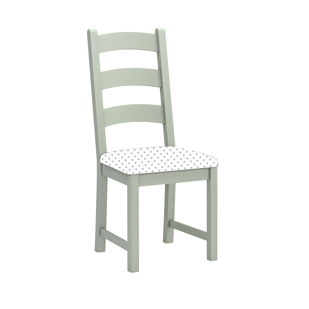 Sage painted oak dining chair without cushion. Has 3 wide horizontal slats.