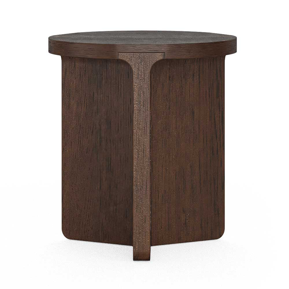 A dark brown wooden side table with a cross shaped solid base and a round top, shown against a plain white background.