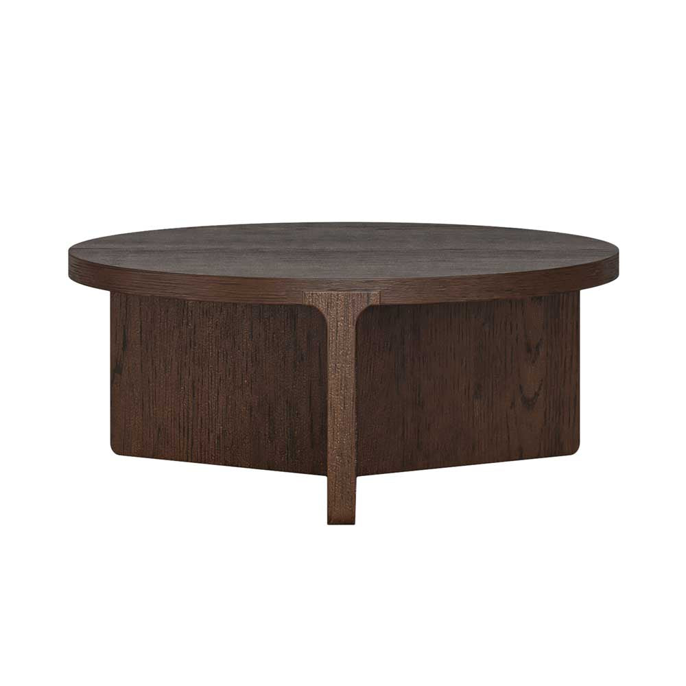 A round dark brown wooden coffee table with a unique pedestal base and single front leg, shown against a plain white background.