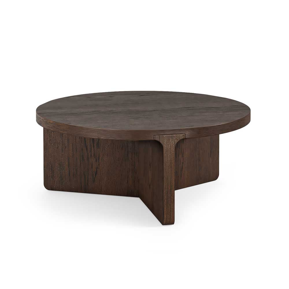 Round wooden coffee table on a white background