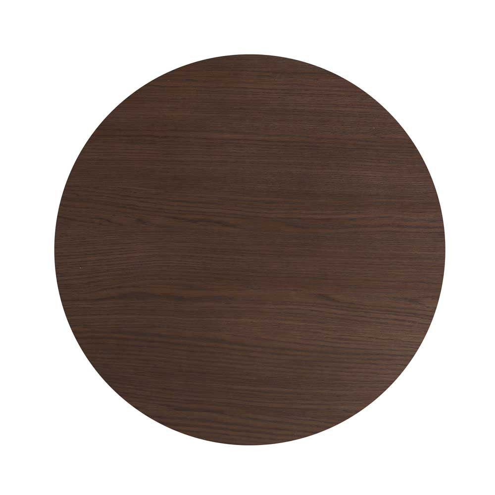 A circular dark brown wood tabletop shown from a top-down view on a plain white background.