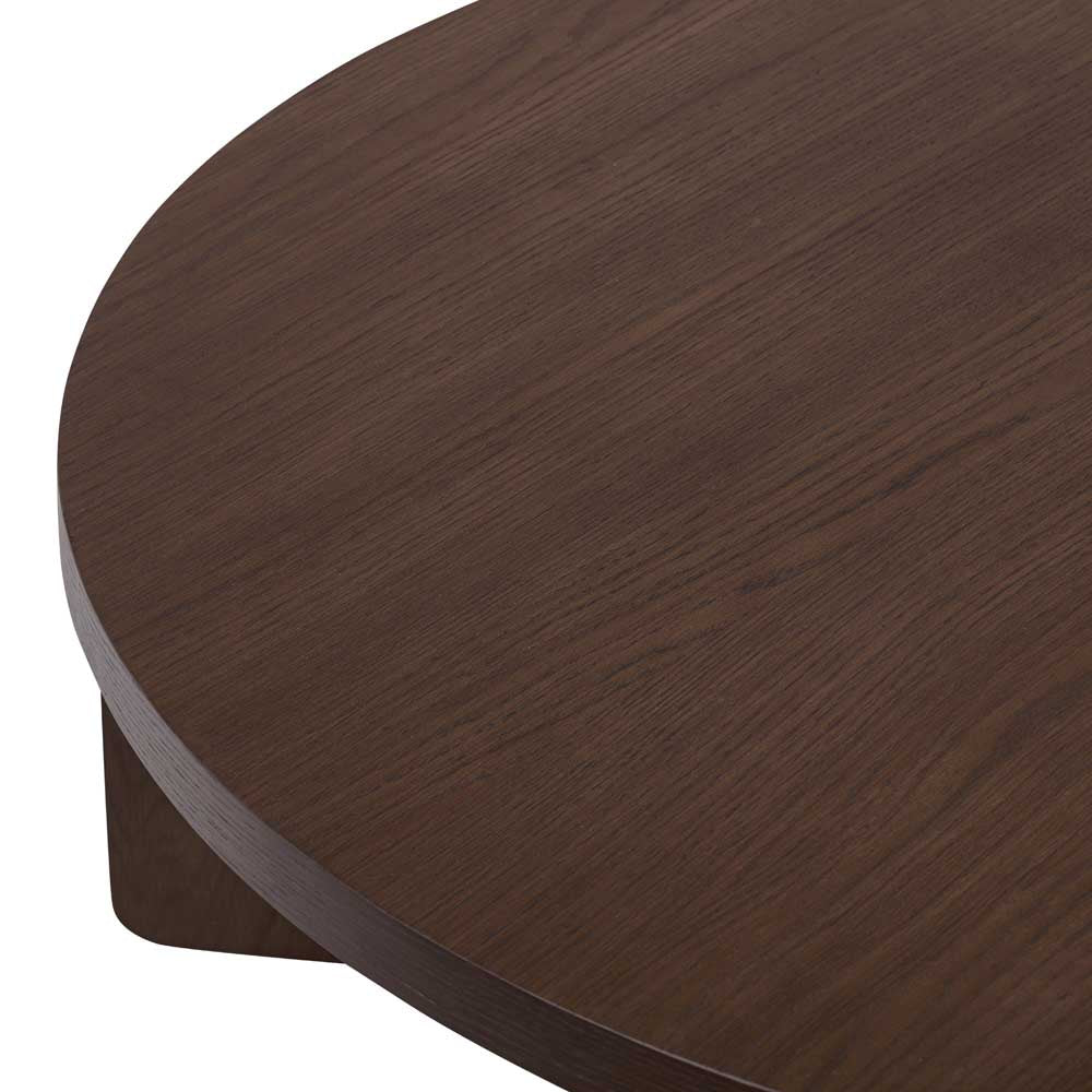 Close-up of a round dark brown wood table showing the wood grain texture and curved edge against a white background.