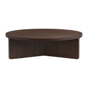 A dark brown circular coffee table with a matching wood-grain base, shown against a plain white background.