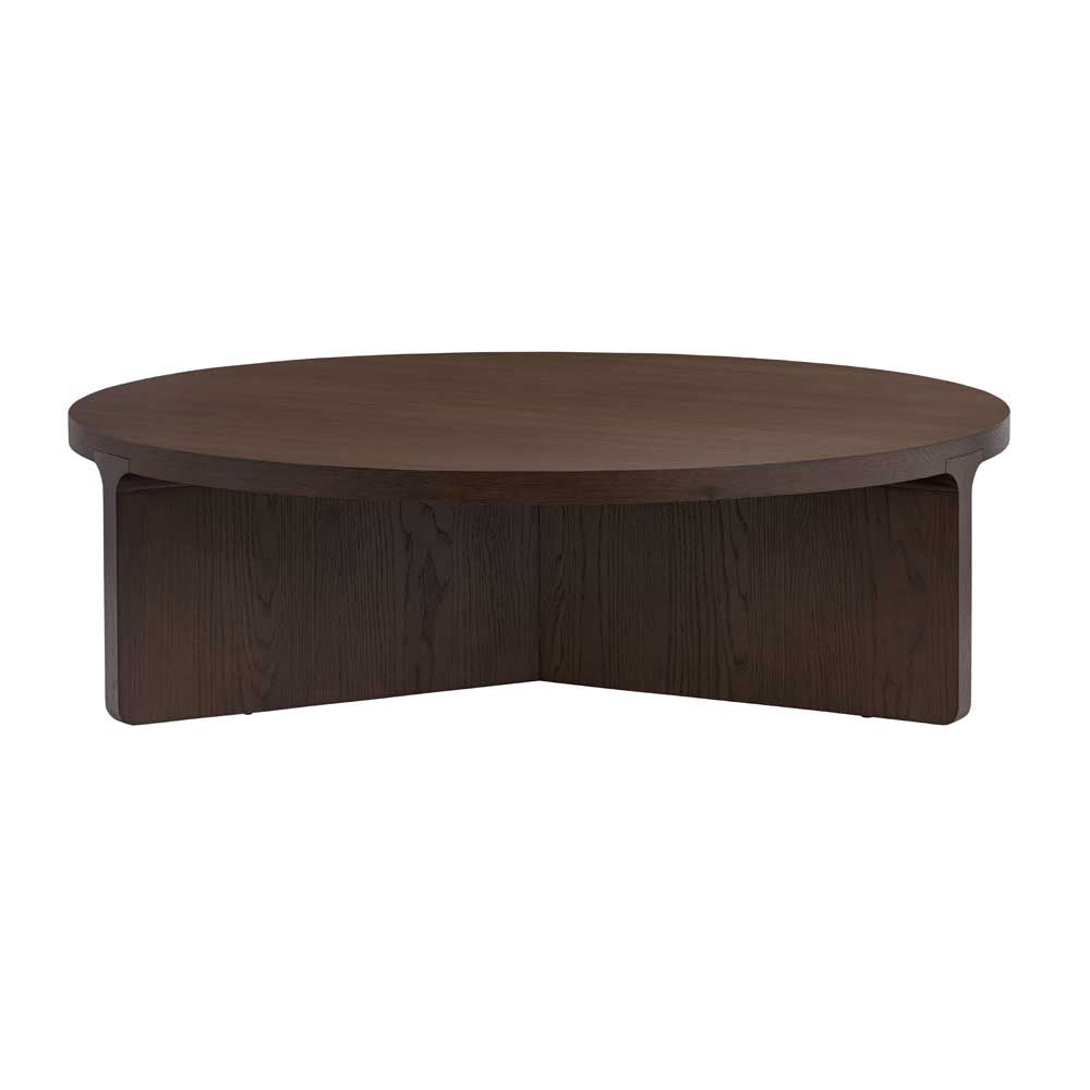 A dark brown circular coffee table with a matching wood-grain base, shown against a plain white background.