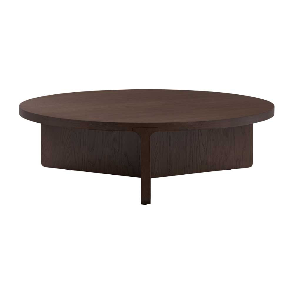 A round dark brown wooden coffee table with a low profile and a single central leg, shown against a plain white background.