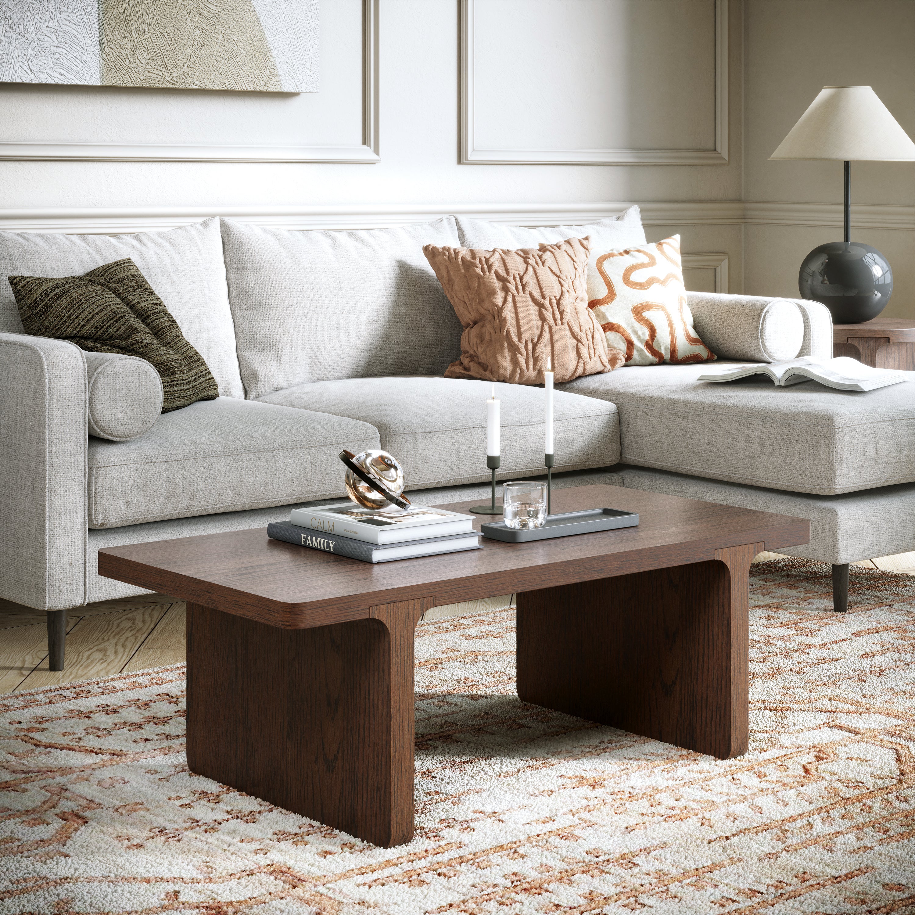 Modern living room with a sectional sofa and wooden coffee table.