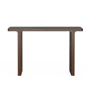 A dark brown wooden console table with a rectangular top and two thick, blocky legs, shown against a plain white background.