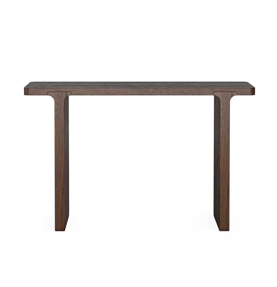 A dark brown wooden console table with a rectangular top and two thick, blocky legs, shown against a plain white background.