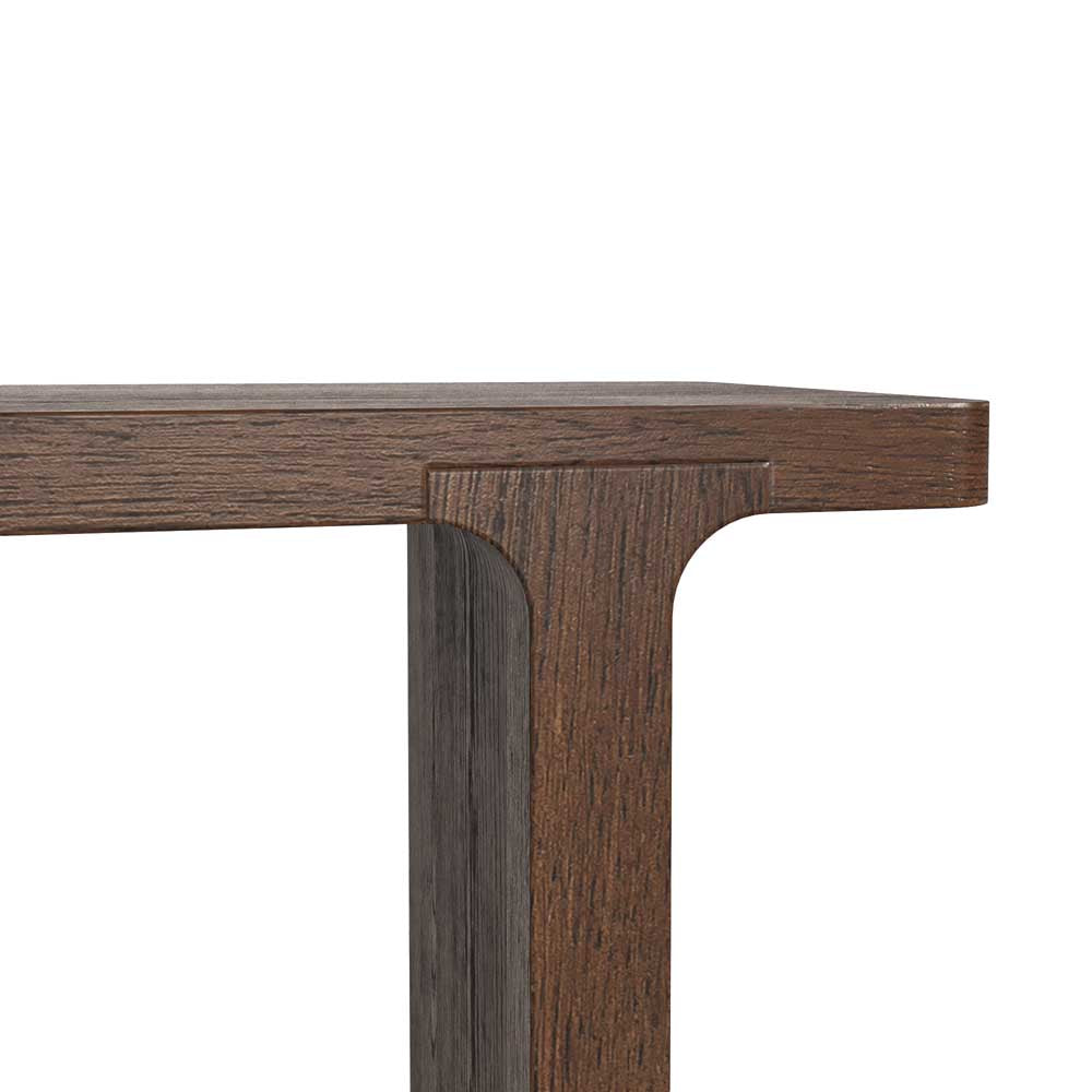 Close-up of a wooden console table corner on a white background