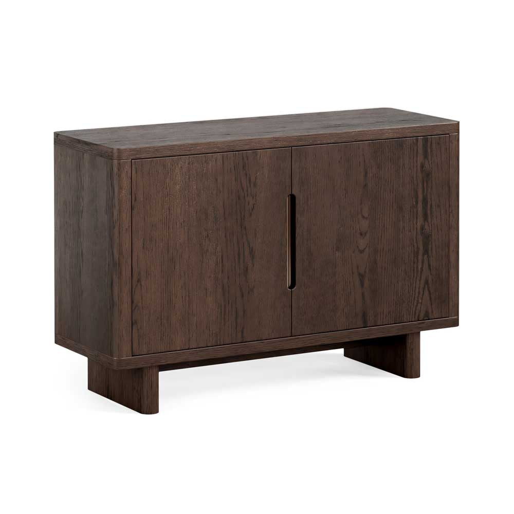 Wooden sideboard with two doors on a white background