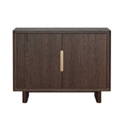A mid-century modern sideboard cabinet with dark brown wood grain doors and a vertical gold metal handle, shown against a plain white background.