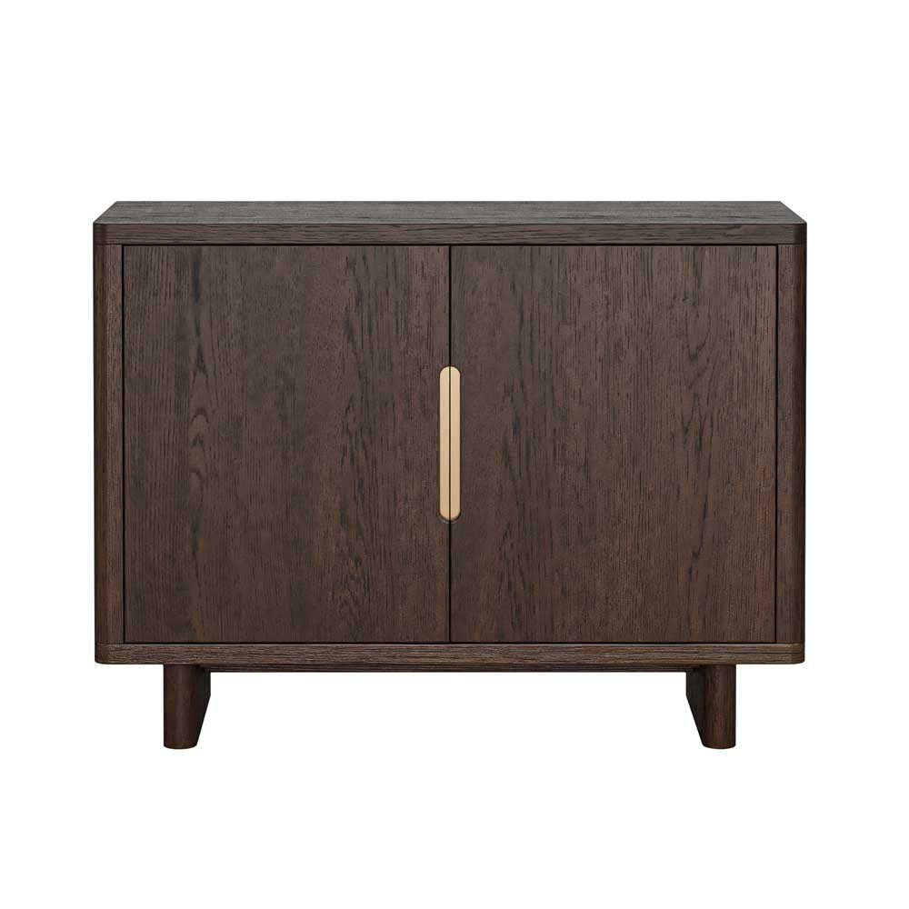 A mid-century modern sideboard cabinet with dark brown wood grain doors and a vertical gold metal handle, shown against a plain white background.
