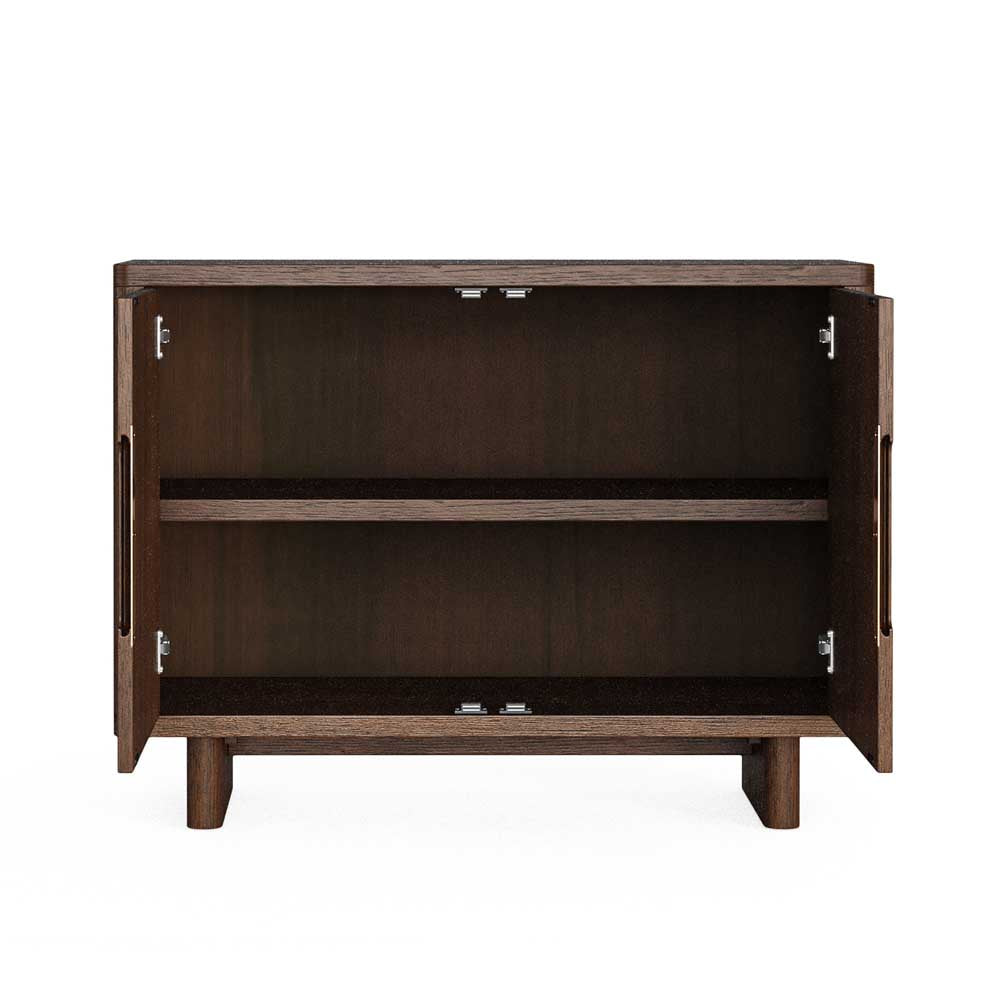 A dark brown wooden sideboard cabinet with two doors swung open to show two interior shelves, photographed against a plain white background.