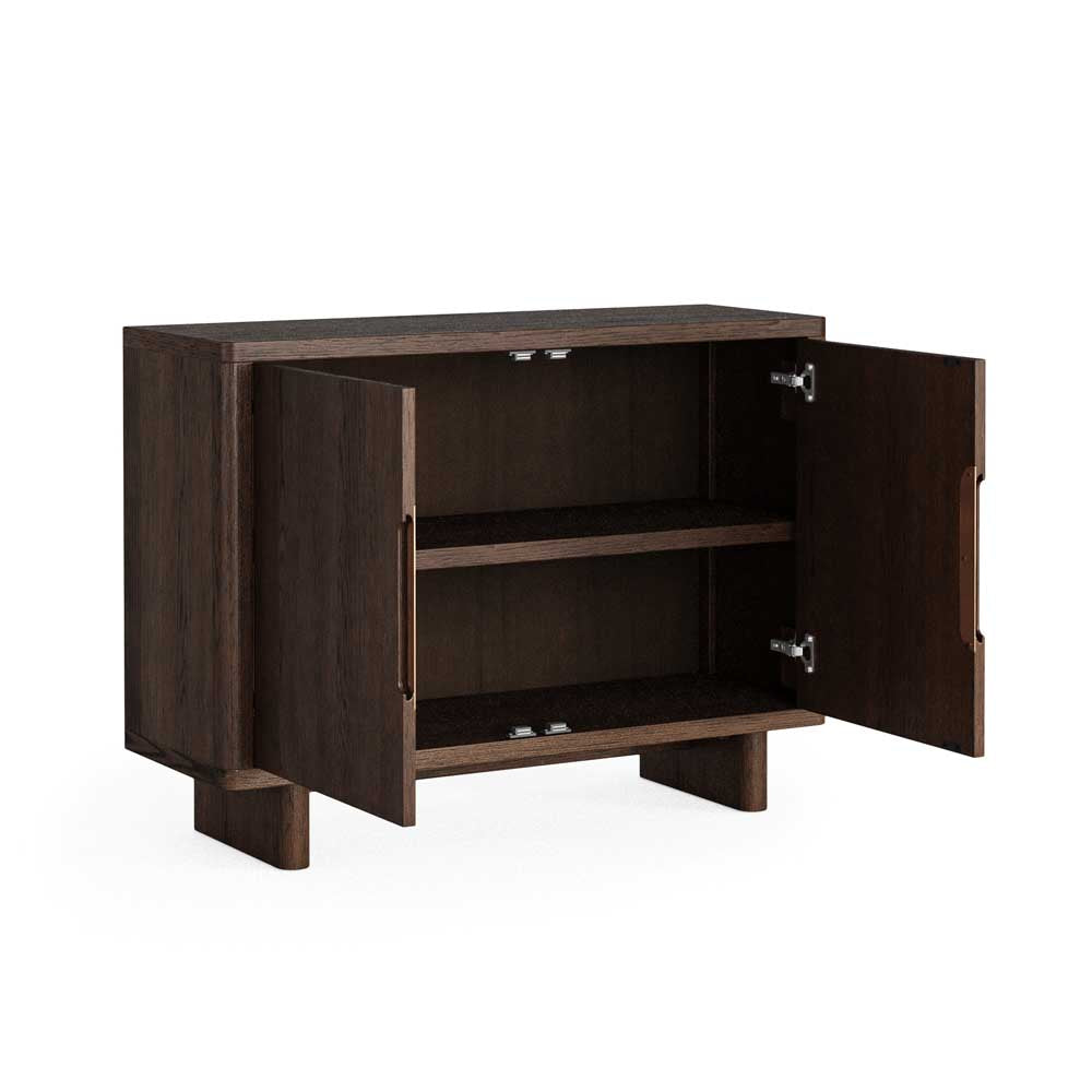 Wooden sideboard with open doors on a white background