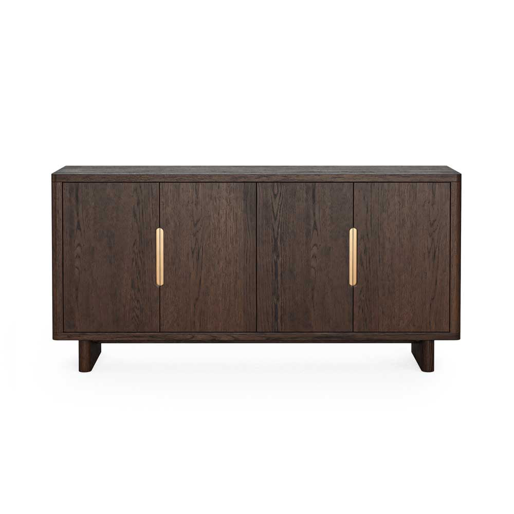 Sandblasted solid oak Wooden sideboard with handleless design and brushed metal plates giving a gold effect. 