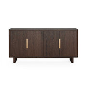 Sandblasted solid oak Wooden sideboard with handleless design and brushed metal plates giving a gold effect. 