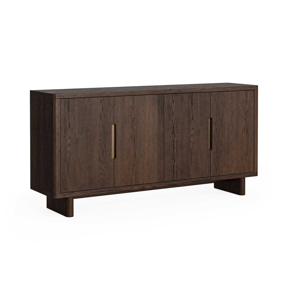 Sandblasted solid oak Wooden sideboard with handleless design and brushed metal plates giving a gold effect. 