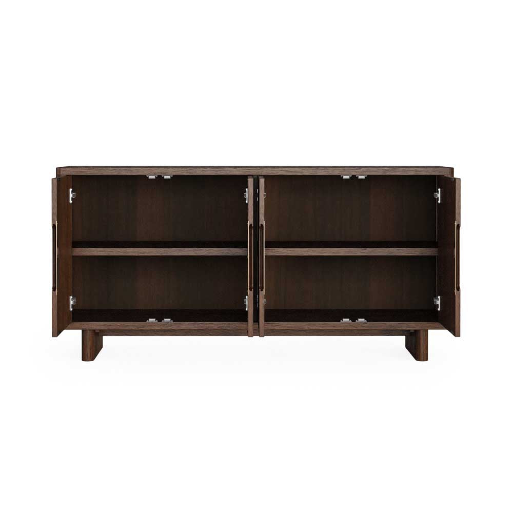 Interior view of Sandblasted solid oak Wooden sideboard with handleless design and brushed metal plates giving a gold effect. showing internal shelves inside sideboard. 