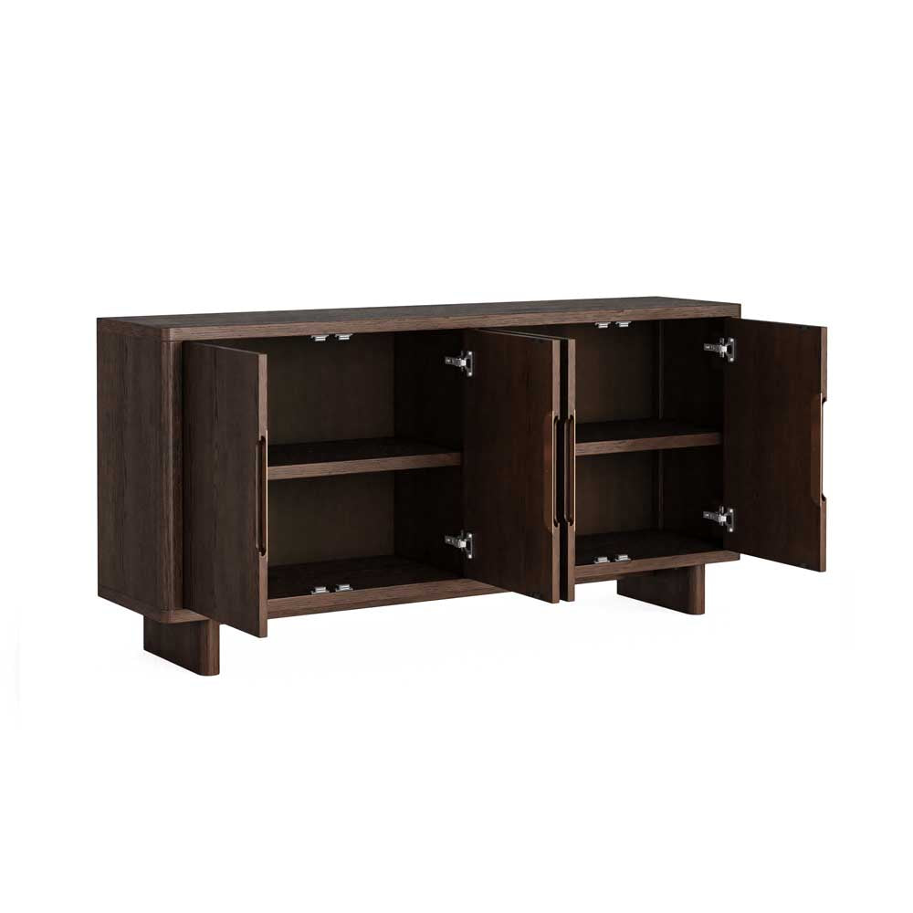 Wooden sideboard with open doors on a white background