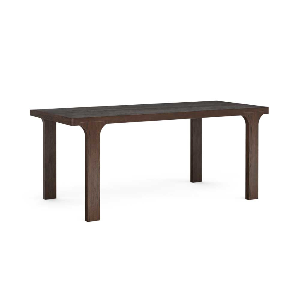A dark brown wooden dining table with a rectangular top and four straight legs, shown on a plain white background.