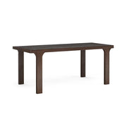 A dark brown wooden dining table with a rectangular top and four straight legs, shown on a plain white background.