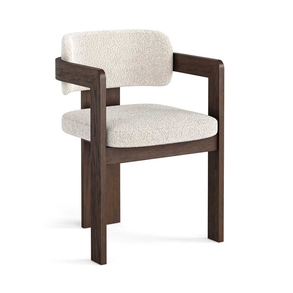 Chair with wooden frame and white cushion on a white background