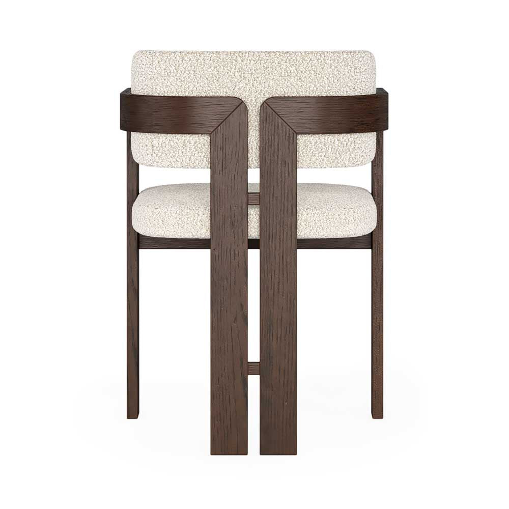Chair with wooden frame and white cushioned seat on a white background