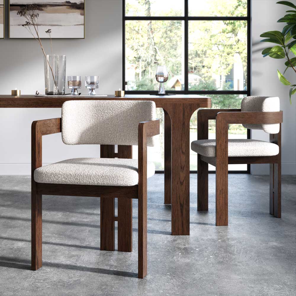 Dining room with wooden table and chairs with white cushioned seats.