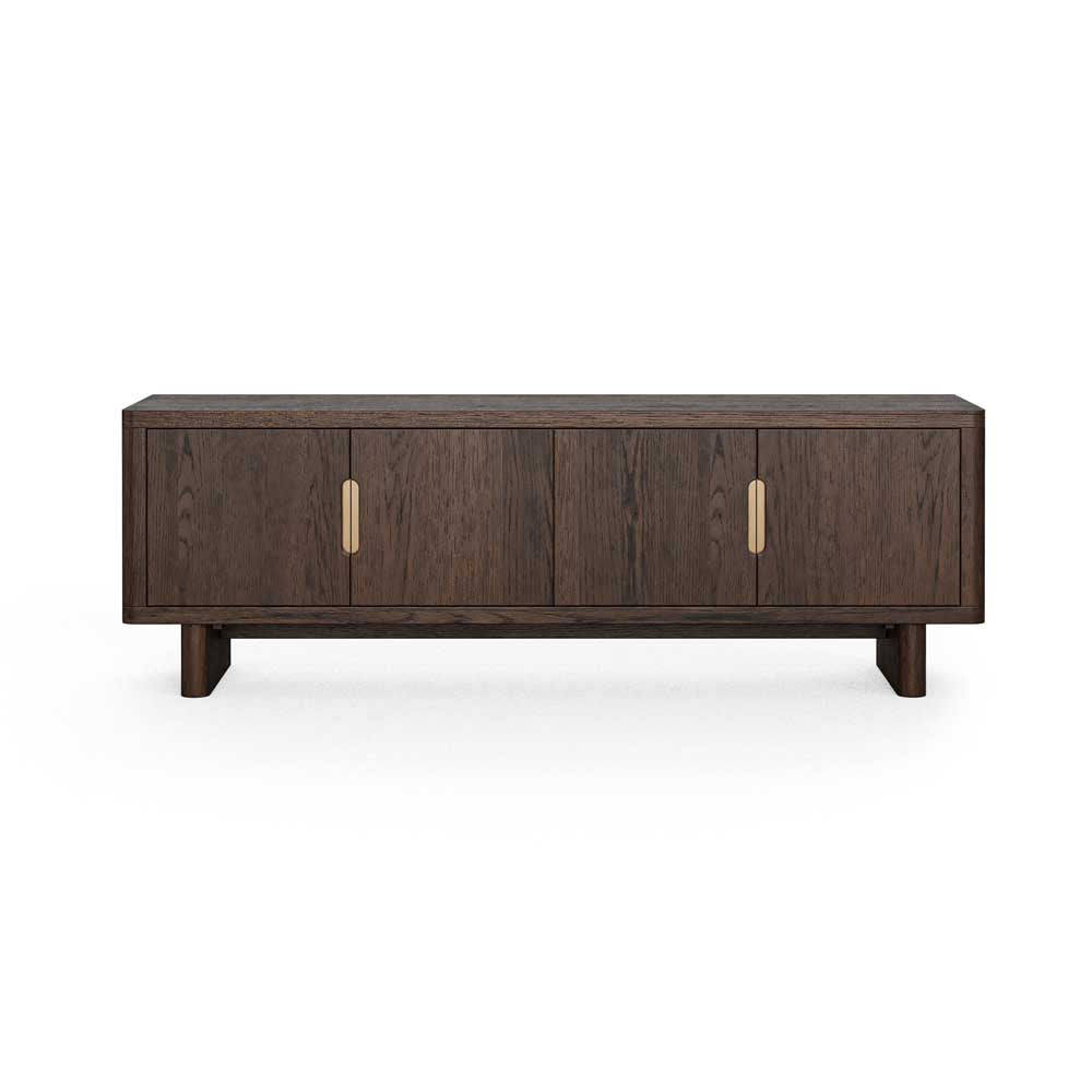 A dark brown wooden tv / entertainment unit / sideboard with four cabinet doors and slim vertical gold plates and handleless design, shown against a plain white background.
