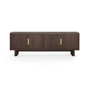 A dark brown wooden tv / entertainment unit / sideboard with four cabinet doors and slim vertical gold plates and handleless design, shown against a plain white background.