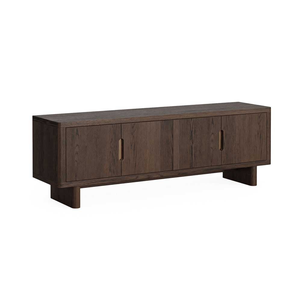 A dark brown wooden media console with four cabinet doors and slim handleless design, shown on a plain white background.
