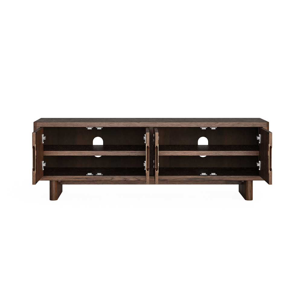 A dark brown wooden media console with two cabinet doors and open shelving, with cable cutouts shown against a plain white background.