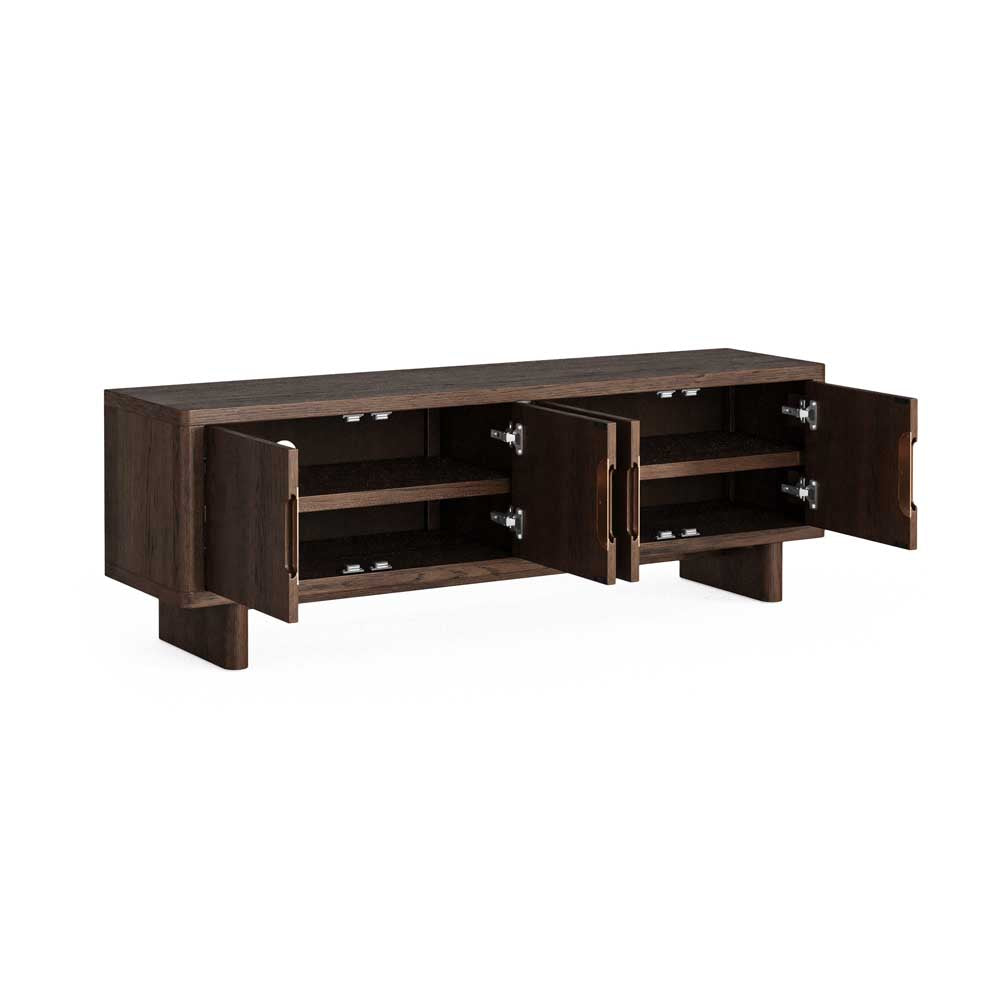 Wooden entertainment console with open doors on a white background