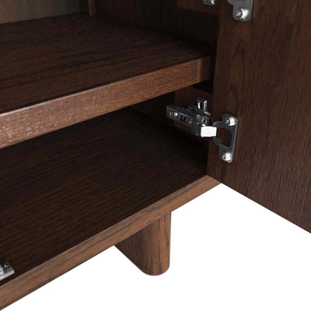 Wooden cabinet with open door showing hinge mechanism on a white background