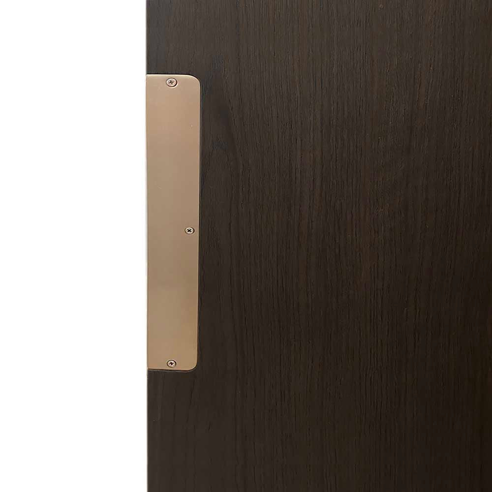Dark wooden door with a gold coloured plate on a white background
