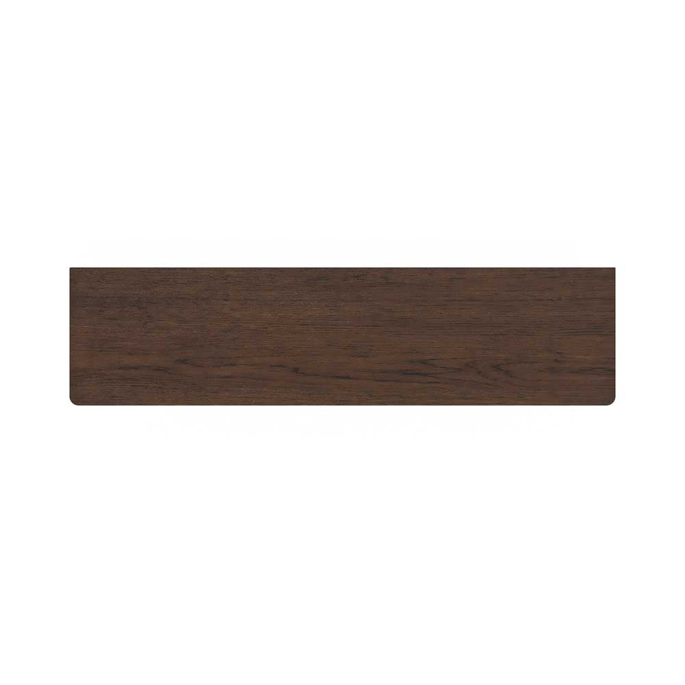 A rectangular dark brown wood grain tabletop with rounded corners, centered on a plain white background.