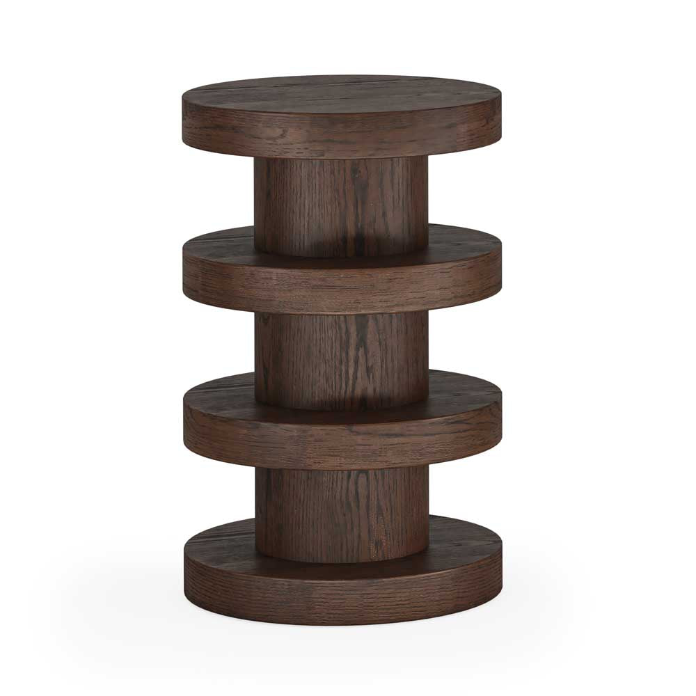 A dark brown wooden side table with a modern stacked circular design, featuring three tiers of round wooden platforms supported by a central column, shown on a plain white background.