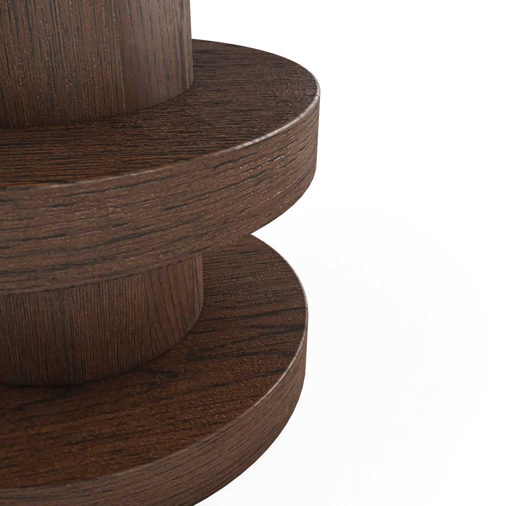 Close-up of a dark brown wooden furniture piece showing the grain texture and layered circular design on a white background.