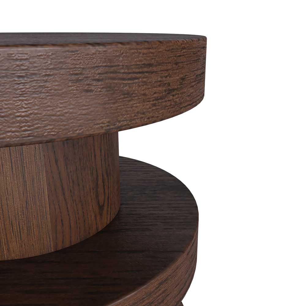 Close-up of a wooden tiered side table with a white background