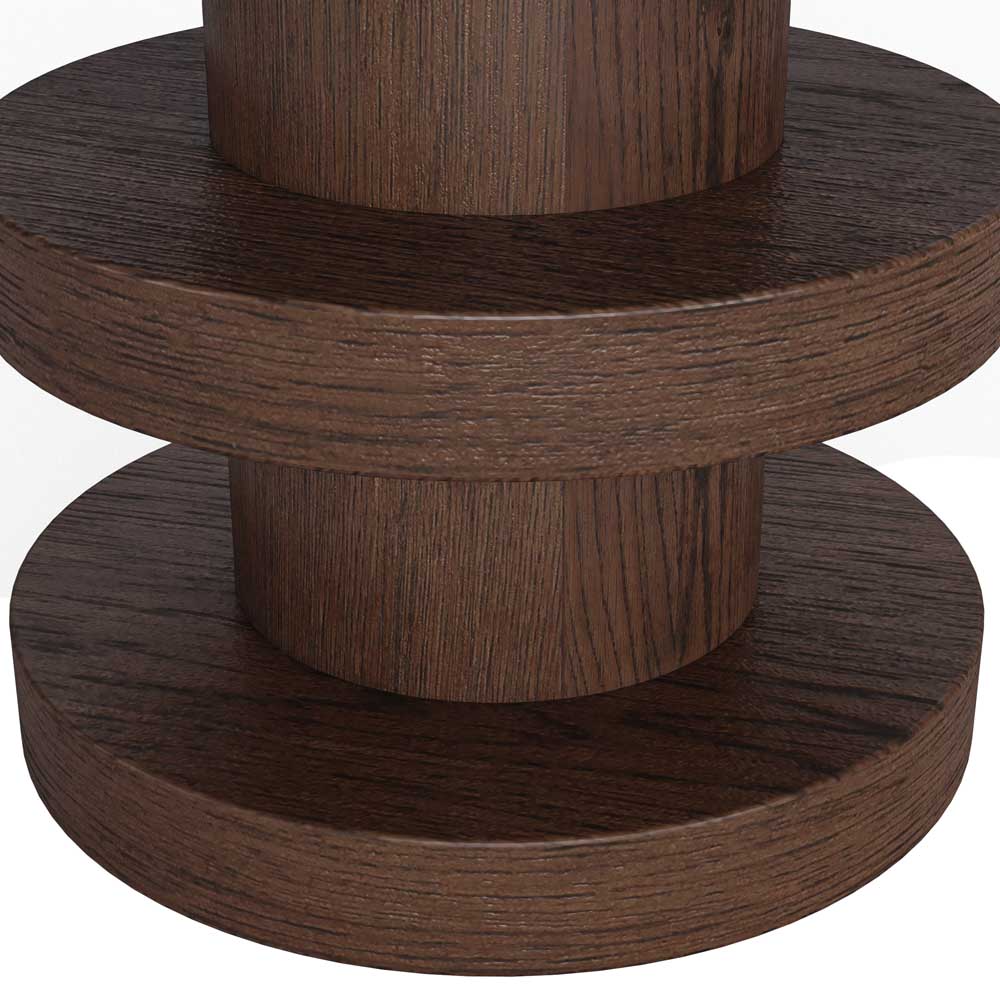 Close-up of a dark brown wooden furniture piece, showing a circular tiered design with visible wood grain texture on a white background.