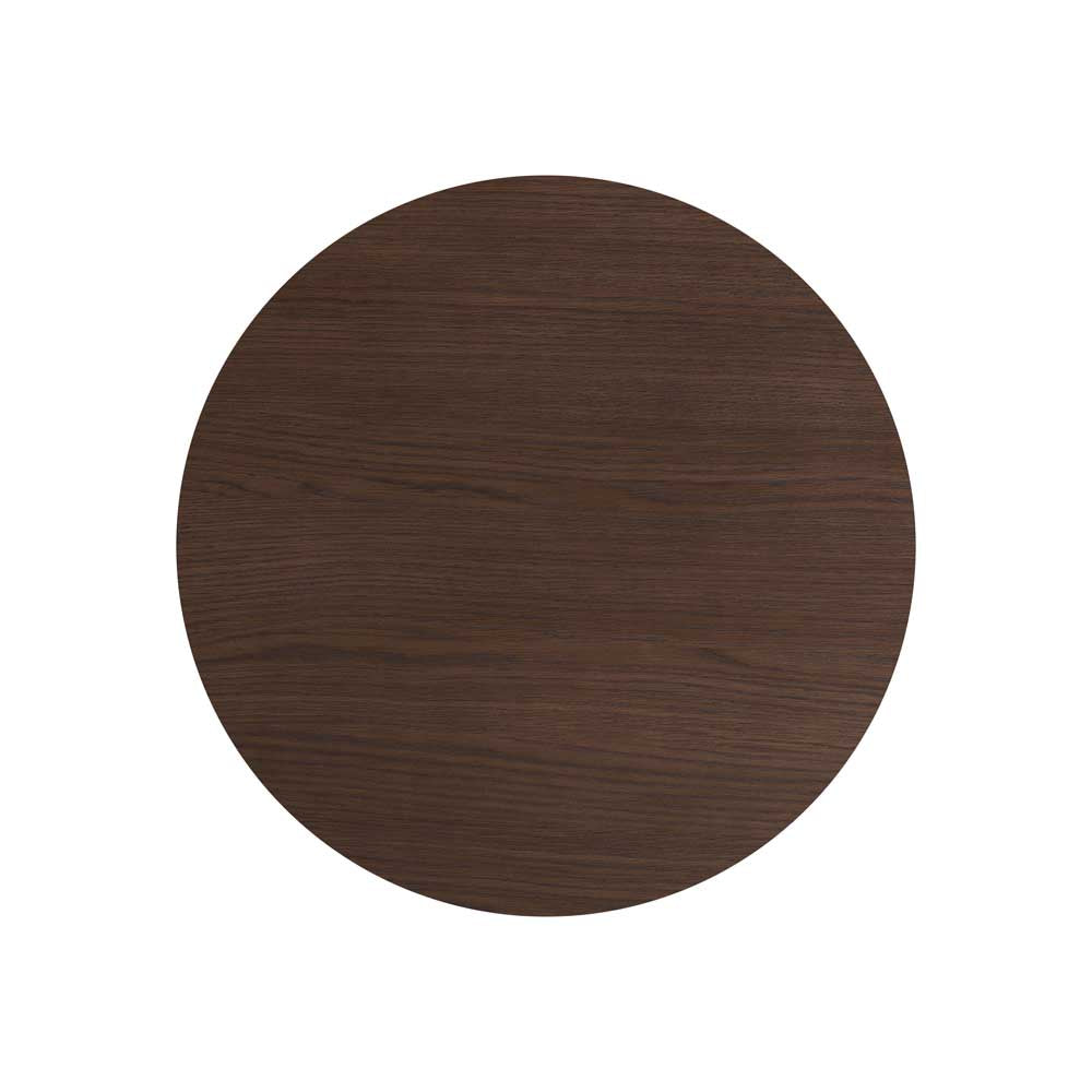 A circular wooden tabletop with a dark brown wood grain finish, shown from a top-down perspective on a solid white background.